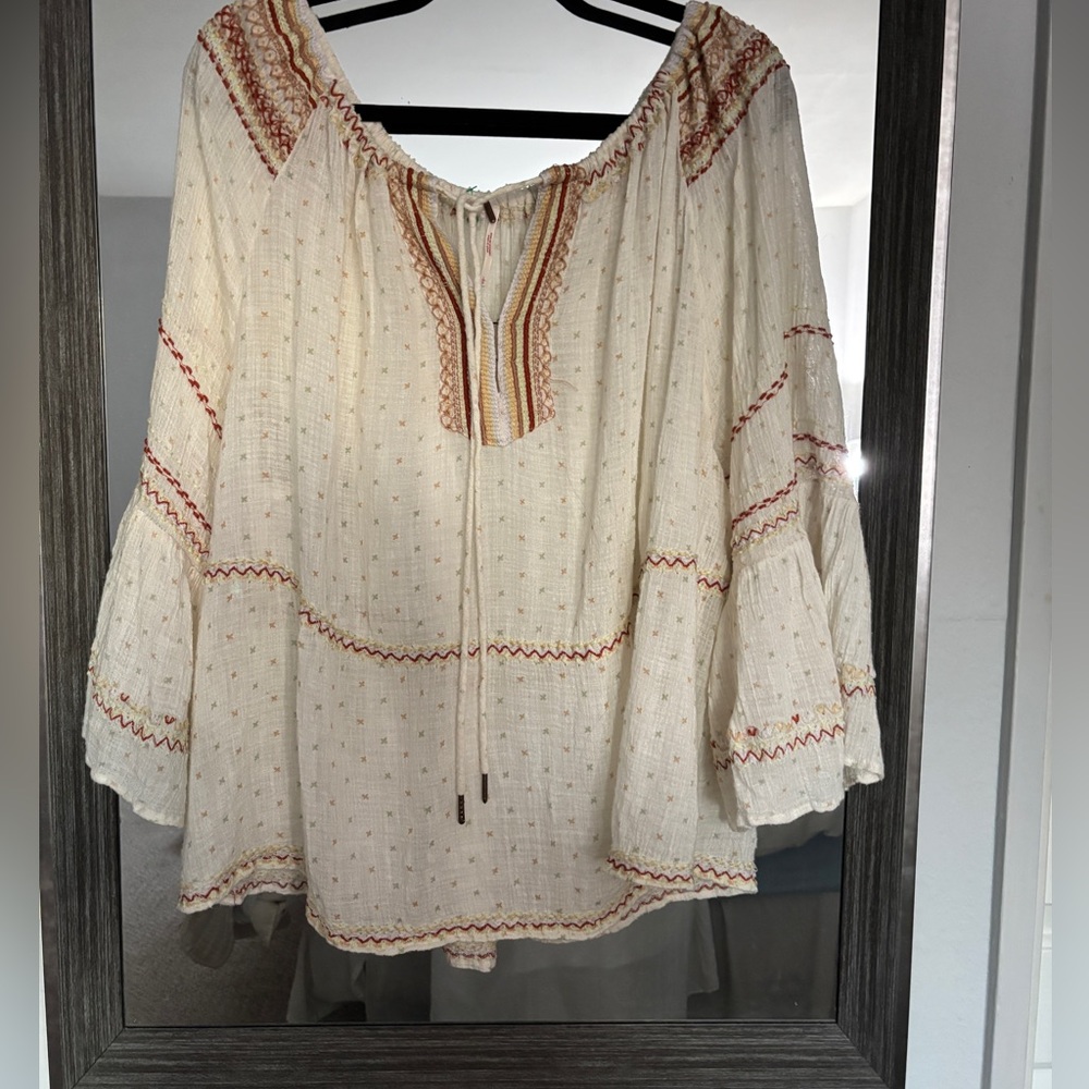 Free People Cream Peasant Blouse with Rust & Gold Embroidery